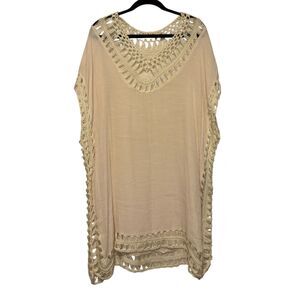 Beige Crochet Trim Cover Up Large Boho Beach Kaftan Tunic Top